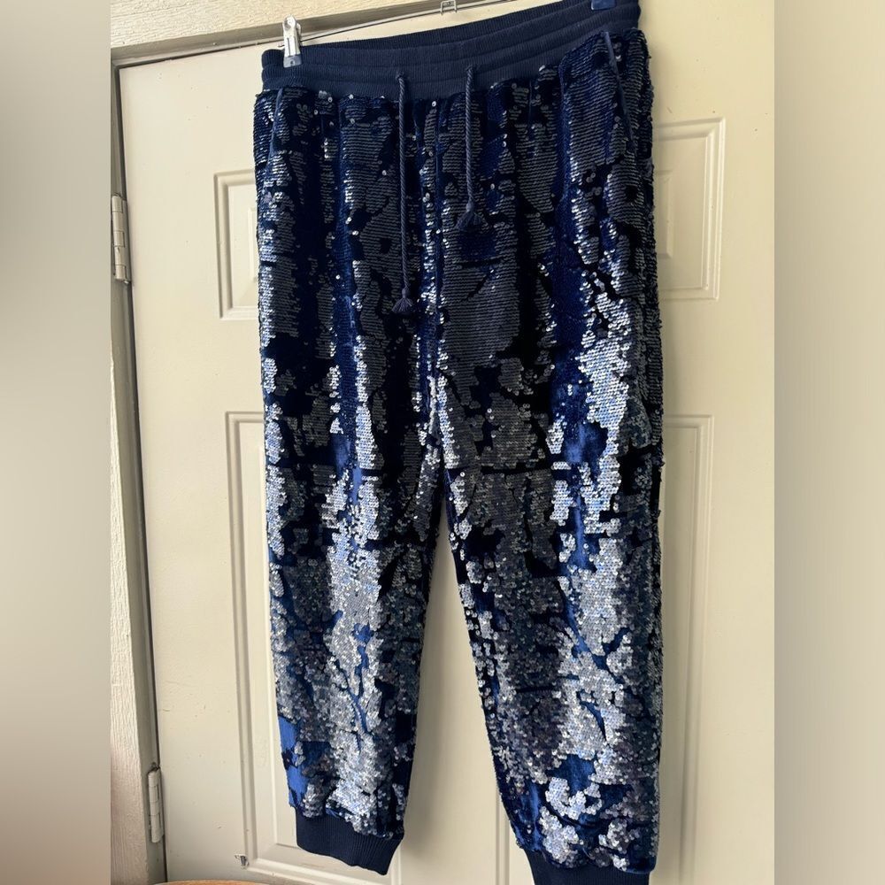 Anthropologie ett:twa Sequin Velvet Joggers Holiday Sparkle navy blue Medium M - Picture 6 of 16